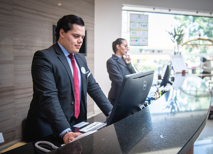 A hotel reception desk
